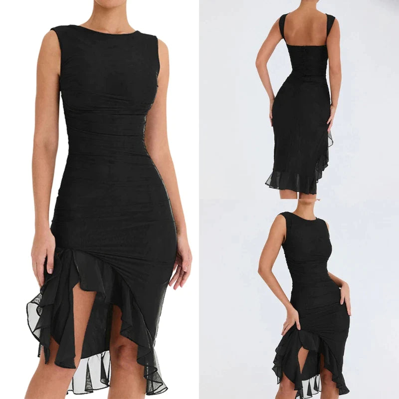 New | Ruched Fringe Split Midi Dress
